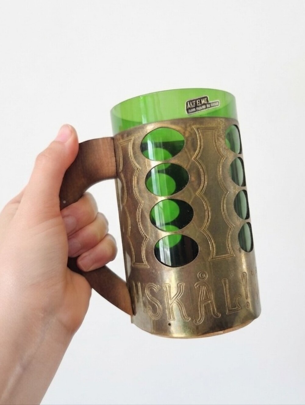 Vintage Swedish Green Glass Beer Mug Åke Elmer Hand Blown Metal Sleeve Mid-Centu